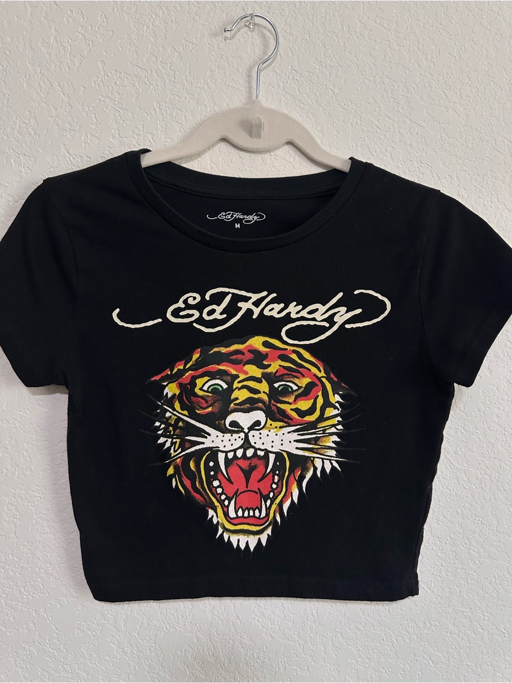 Ed Hardy Black Crop Tee with Multicolor Roaring Tiger